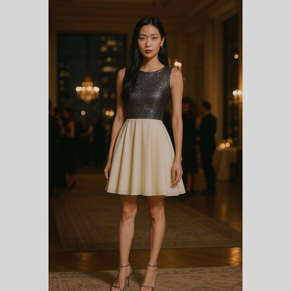 AKIRA Black Label Sequin Bodice Fit & Flare Dress, Cream + Gunmetal Silver NWT - Picture 1 of 10